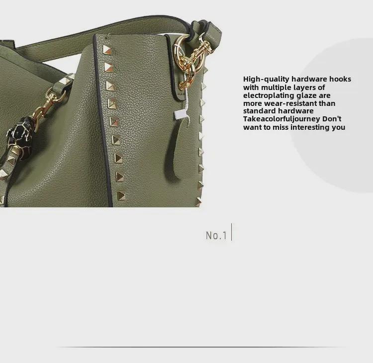 Women's Retro Rivet Cowhide Bucket Bag with Leopard Head Design
