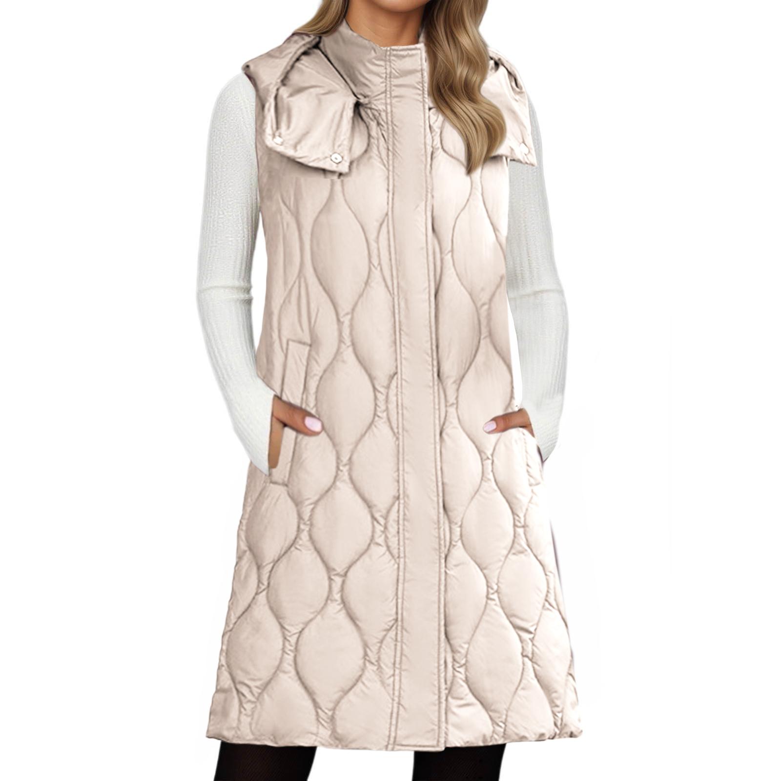 

Длинный жилет женский без рукавов с капюшоном осенне-зимний на пуговицах на молнии жилет куртка верхняя одежда L бежевый