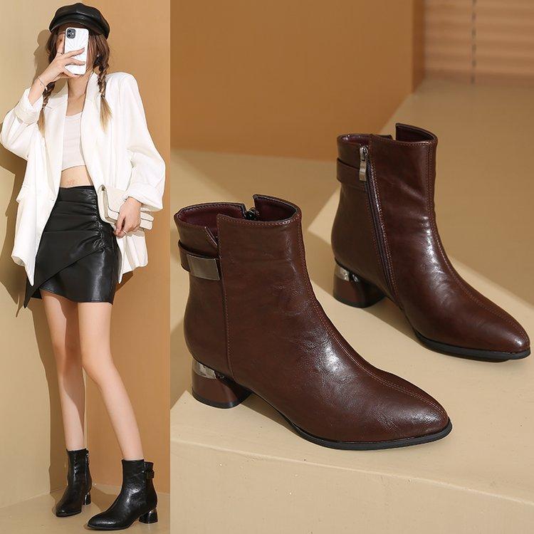 

[youshilai] ботильоны на толстом каблуке женские 2025 осень новые темпераментные ботильоны с острым носком низкий каблук ботинки челси 34