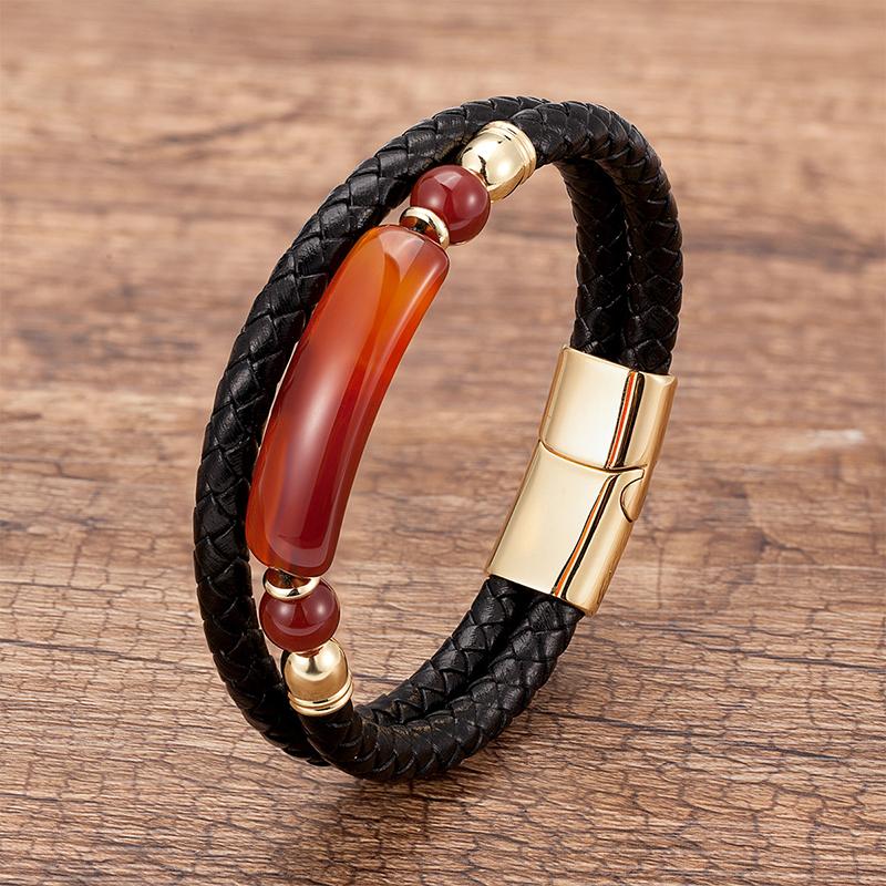Minimalist Crystal Stone Bracelet Braided Leather Cord Stainless Steel Chain Waterproof Jewelry for Men Women Daily Use