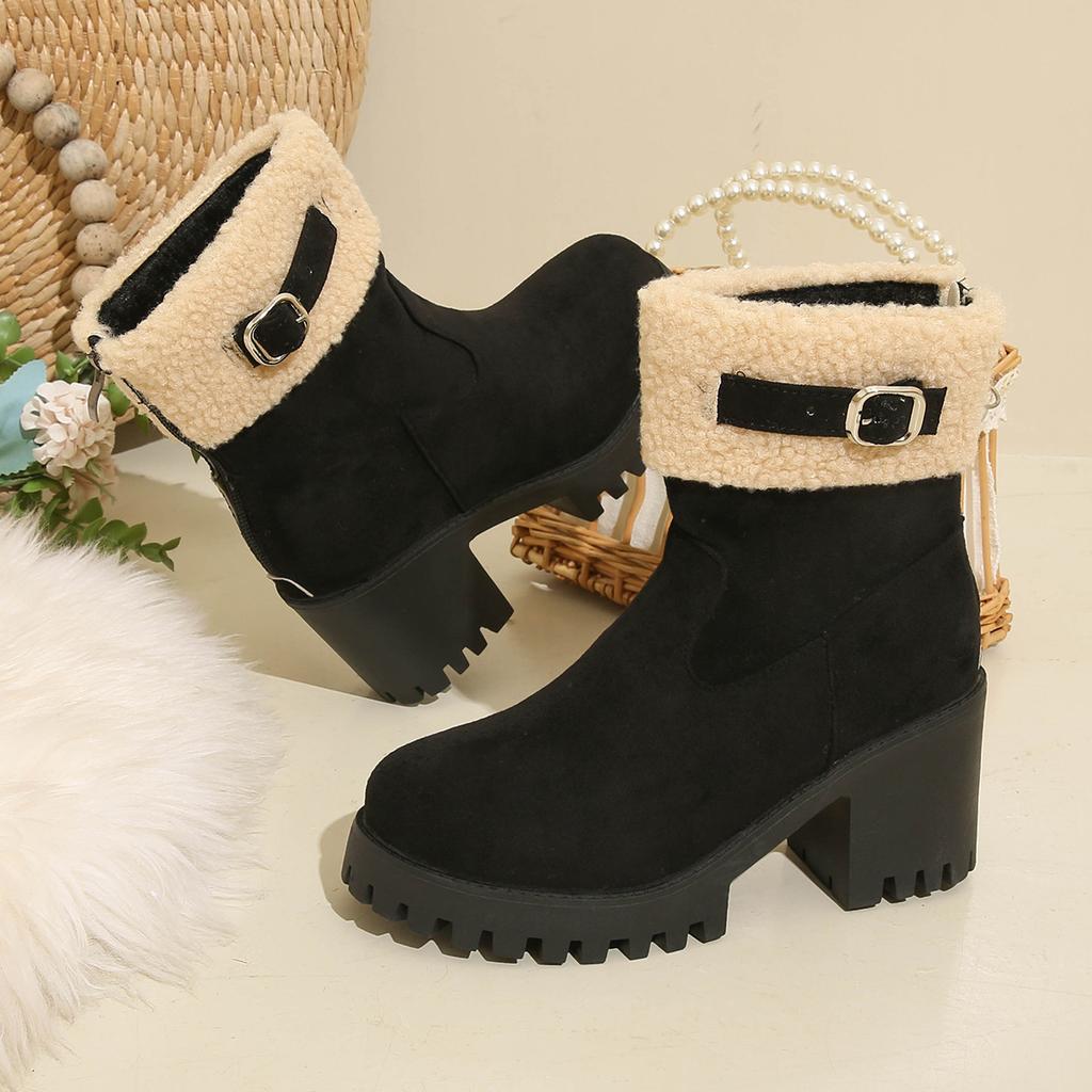 Autumn and winter new European and American low boots with fleece to keep warm large size thick heel Martin boots cotton