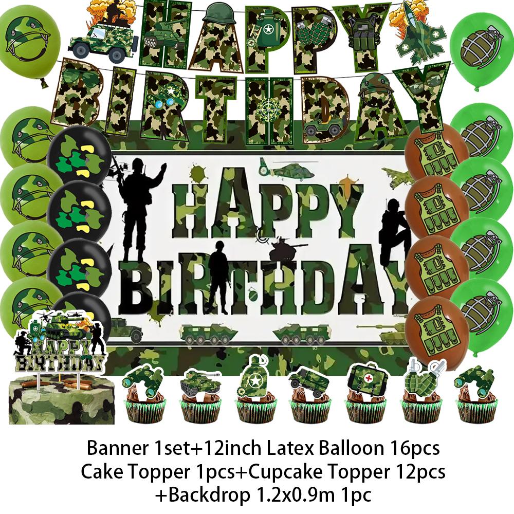 Militär Armee Thema Jungen Geburtstagsparty Dekorationen Camouflage Soldat Flugzeug Panzer Hintergrund Cartoon Luftballon Banner Kinderspielzeug Geschenk
