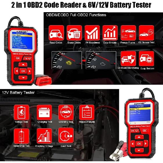 2025 KONNWEI KW681 Professional Car OBD2 Scanner Auto Diagnostic Tools 6V12V 2 In 1 Car Motorcycle OBD2 Battery Tester Tools
