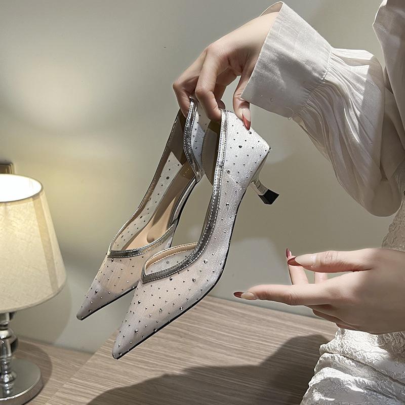 Celebrity Temperament Mesh Point Diamond High Heels Women's Thin Heels Side Empty Pointed Single Shoes Bag Head Sandals Breathable