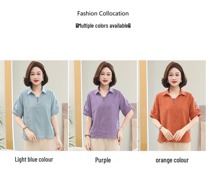 Embroidered Cotton-Linen Shirt: Women's Short Sleeve Loose Casual Top