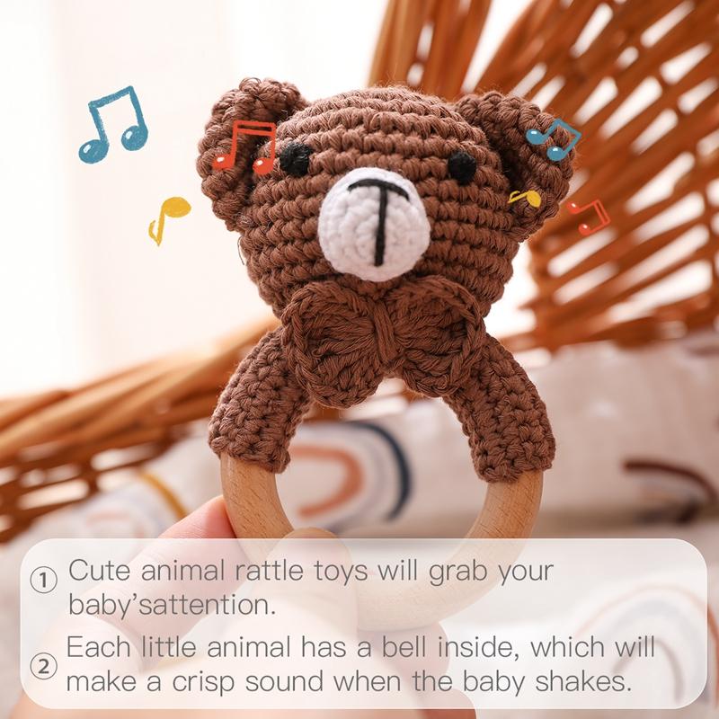 1 Stück Holz Babyrassel Schüttelspielzeug Häkel Löwe Giraffe Holz Babyrassel Beißring Montessori Neugeborenen Tierrassel Spielzeug Geschenk