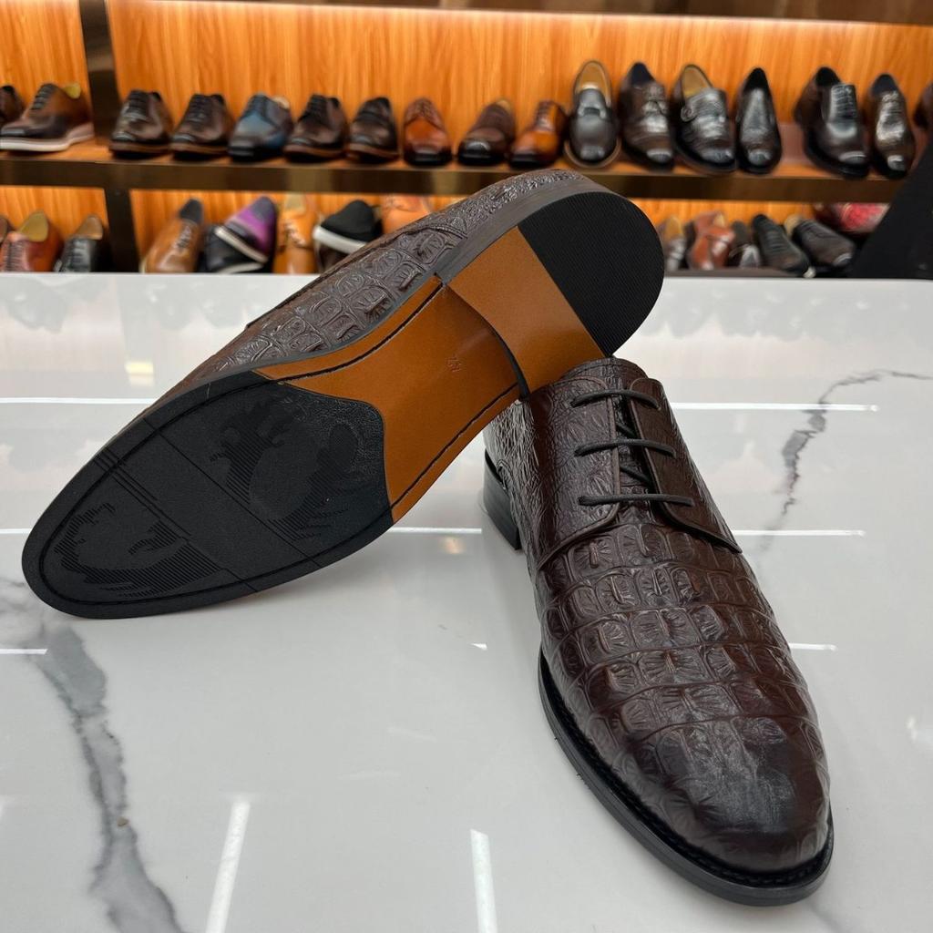 Krokodilmuster Geprägte Echte Rindsleder Derby Schuhe Herren Formelle Business Lederschuhe Handgefertigte Herrenschuhe