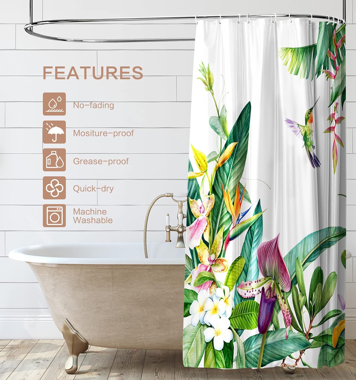 

Shower Curtain Hummingbird, Summer Flowers Shower Curatin Green Plants Waterproof Polyester Quick-Drying Shower Curtain Set For W60H190(CM)-1 Pcs