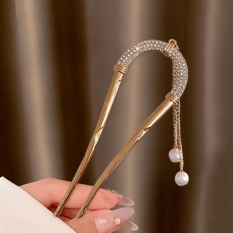 Chinese Style Pearl Tassel Hairpin Ancient Style Swaying Hairpin For Women Light Luxury U-Shaped Horse Face Skirt Hairpin