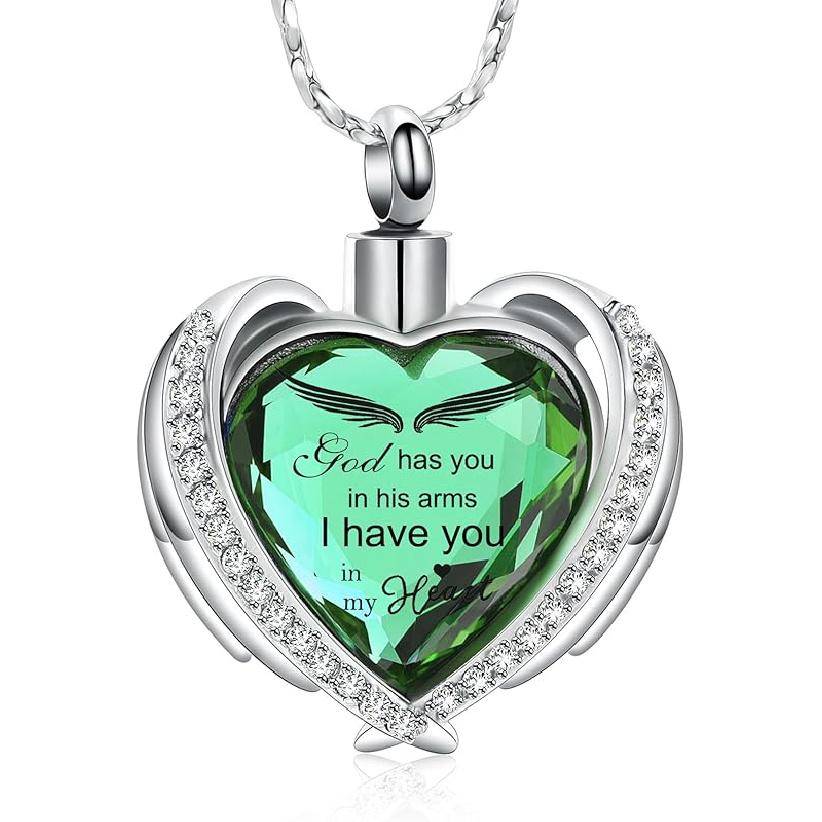 Imrsanl Angel Wing Heart Urn Pendant Necklaces for Women Girls Crystal Birthstone Cremation Jewelry Urns for Human Ashes Memorial Locket Keepsake