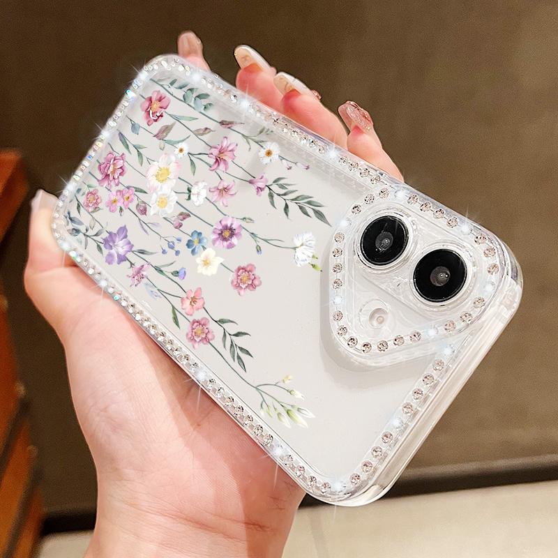 Flower Pattern Clear Soft Silicone Case For iPhone 16E 16 Pro Max 15 Pro 14 13 12 11 Diamond Frame Shockproof Transparent Phone Cover
