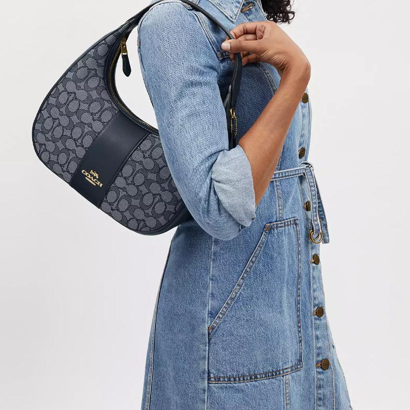 Coach Carmen 29 Logo Zip Closure Jacquard Leather Tote Shoulder Bag Large Women Bags Midnight-Navy CV001-IMX1X