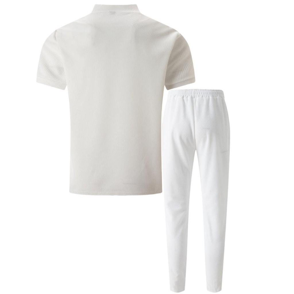 Summer 2025 Men's Waffle Knit Stand Collar Zipper Top and Long Pants Set - European & American Style