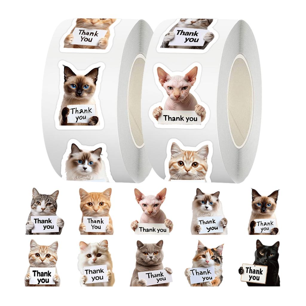 500 Cat Thank You Stickers Roll Cute Self-Adhesive Labels For Small Business Packaging Envelope Seals Packaging