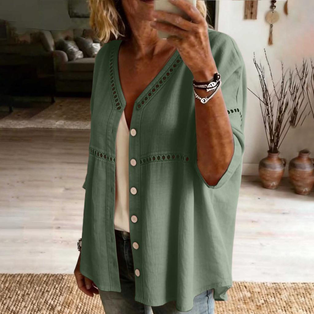 Damen Button-Down Leinenhemden 3/4 Ärmel V-Ausschnitt Lochstickerei Blusen Lässige Baumwolle Hohlstrick Boho Tops