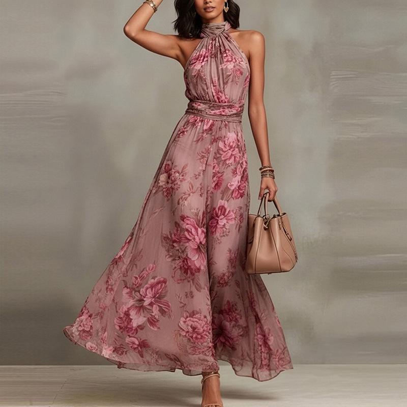 Retro Fashion Maxi Dress Summer Sleeveless Simple Print Ruffled Dresses Streetwear for Women's Clothing Holiday Party