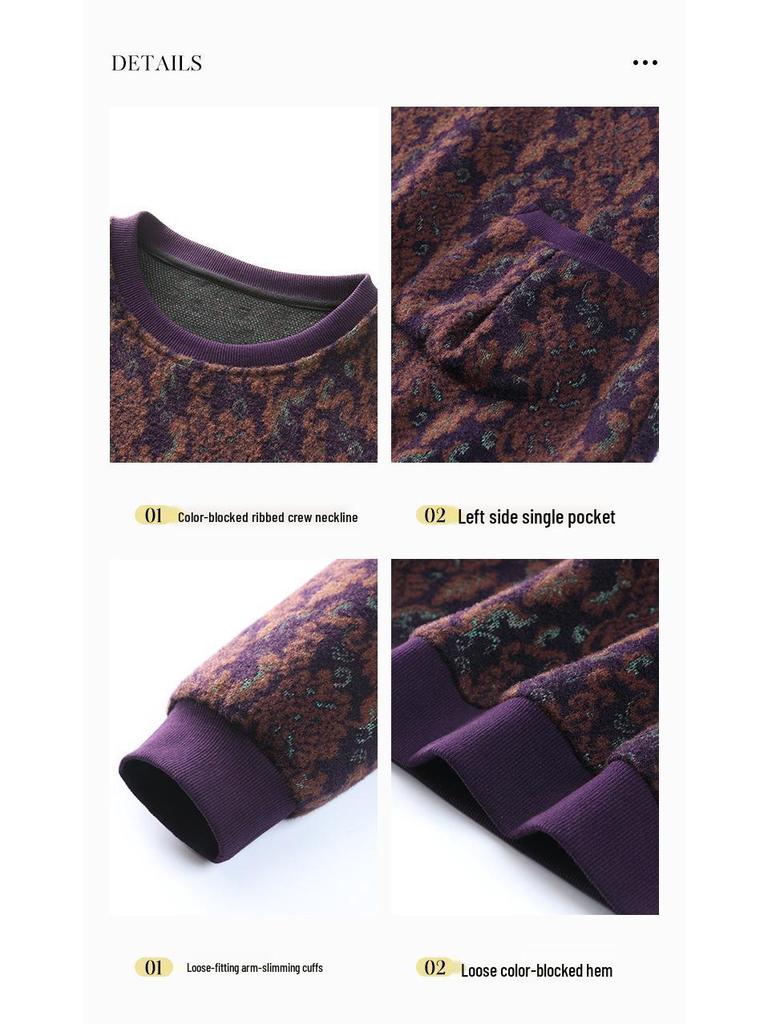 Autumn Winter Classic Jacquard Plus Size Slimming Sweatshirt for Middle-Aged Women