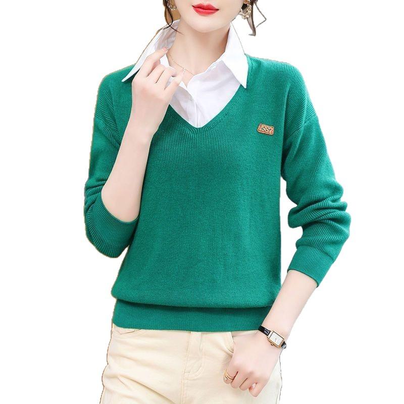 Women's Fashion 2025 Spring & Autumn Fake Two-Piece Sweater with Shirt Collar