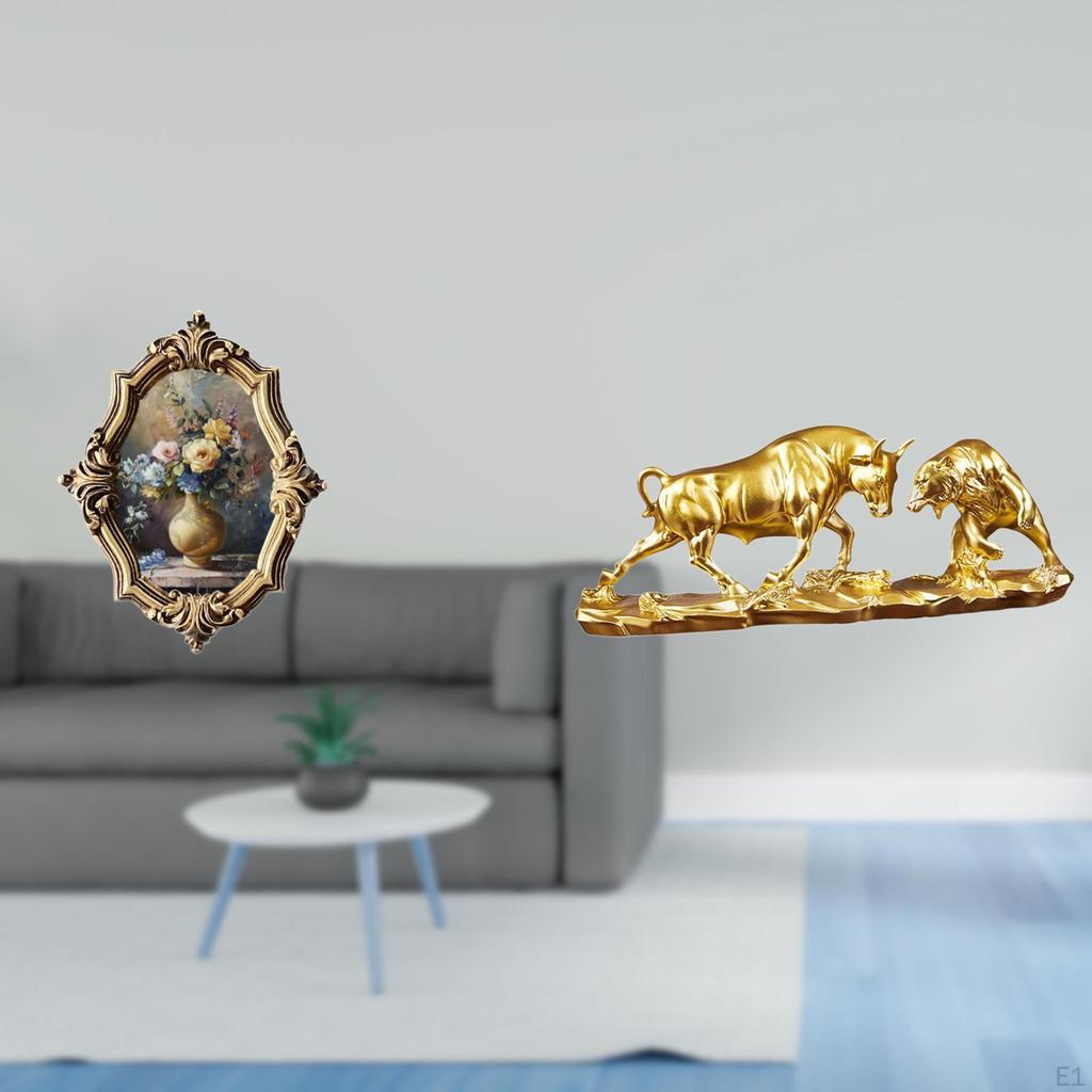 Vintage Resin Photo Frame with Bull and Bear Figurines Modern Chinese Art Sculpture for Office