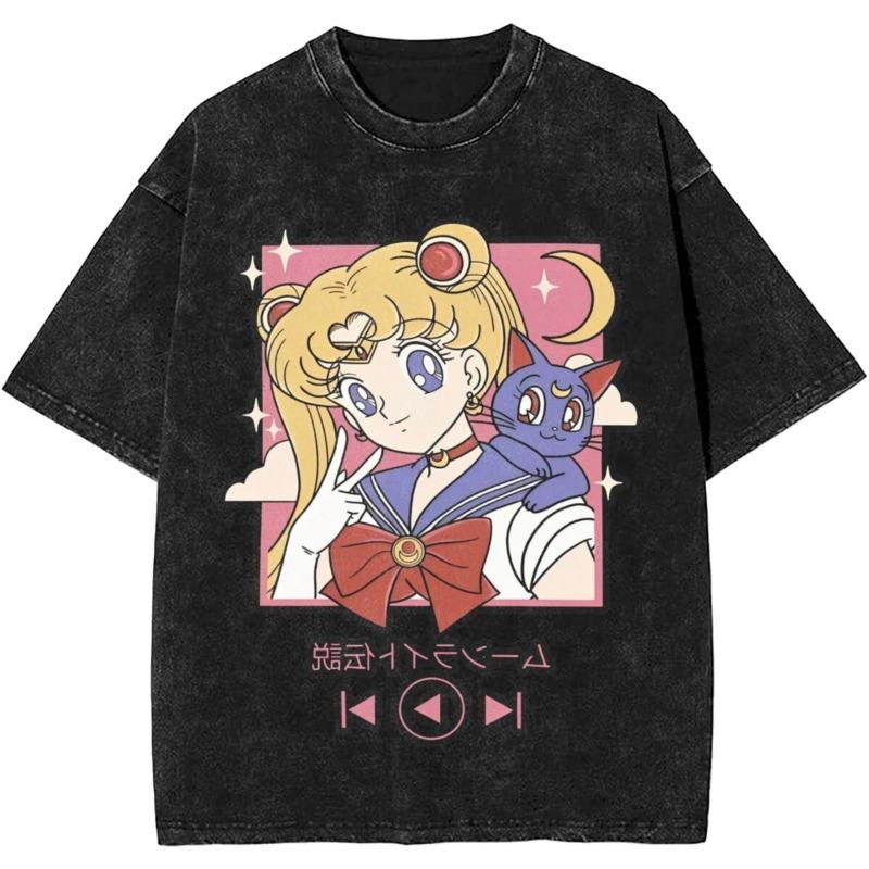 Sailors Moons Vintage Washed T Shirt  Women 100% Cotton Casual T-Shirt O Neck Anime Tees Short Sleeve Clothes Plus Size