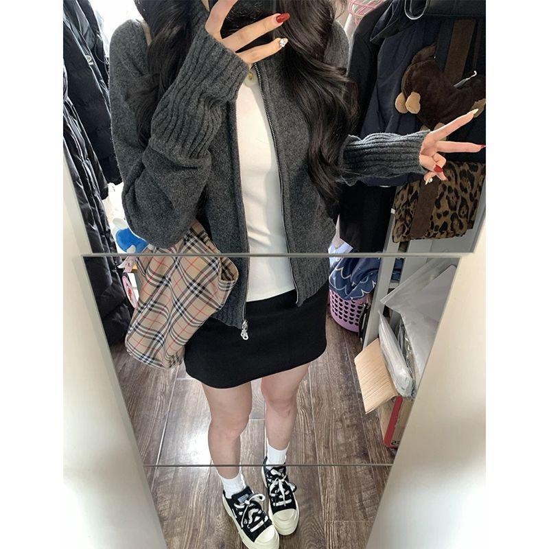 

Korean Early Autumn Women s Knitted Cardigan Zip Jacket, 2025 Collection L серый