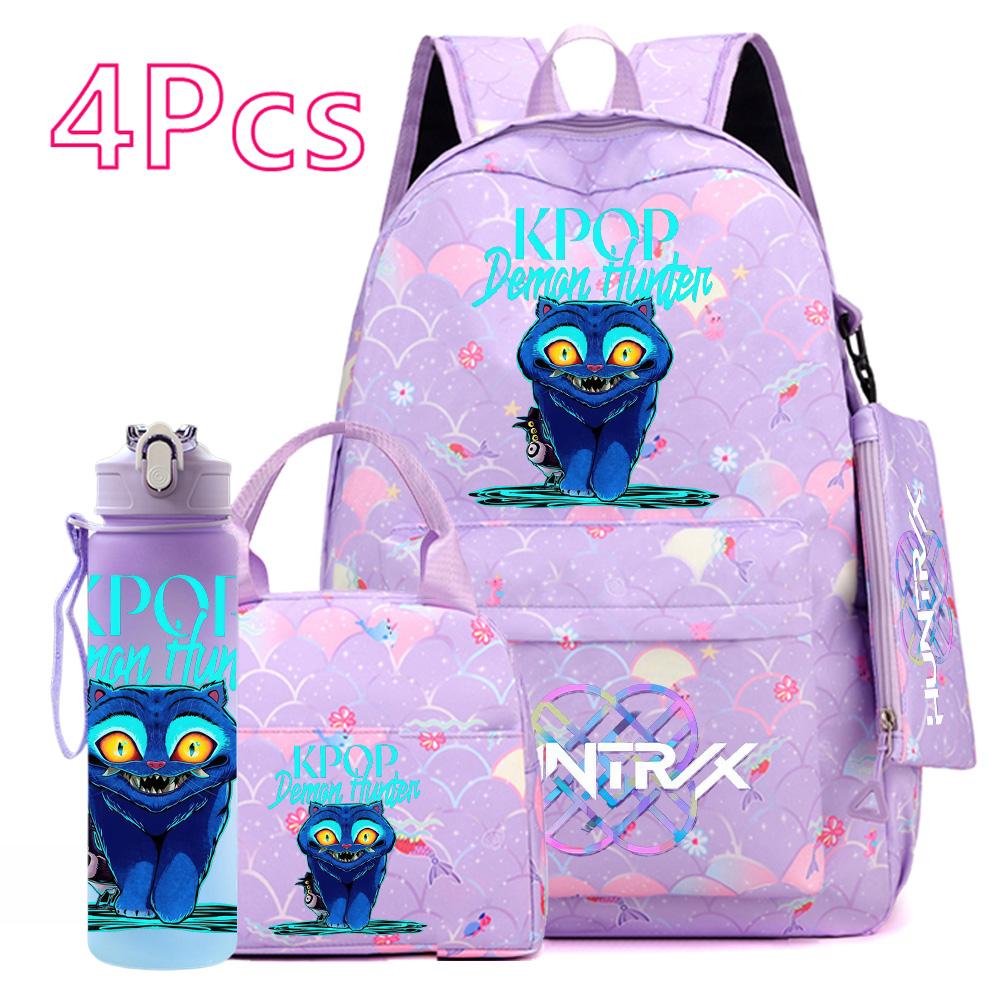 4Pcs/set Anime Cute K-POP Printed Backpack Large Capacity Bookbag HandBag Case Bag with 750ml Water Bottler Boy Girl SchoolBag Waterproof Mochila