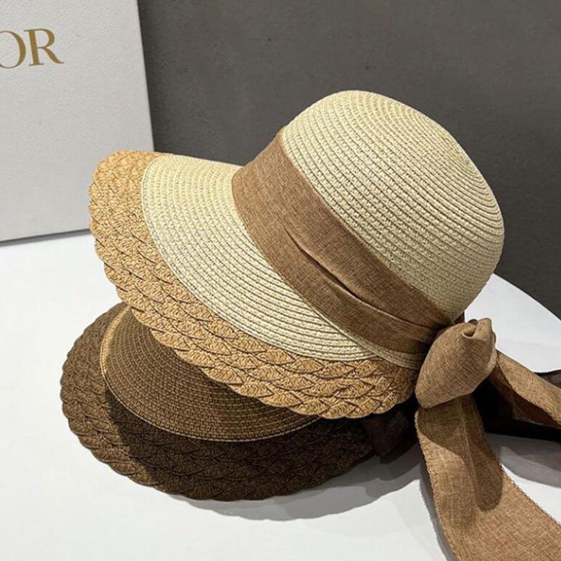 Sun Hat Ribbon Bow Handwoven Grass Hats Foldable Large Brim Fisherman Cap Girls Beach Travel Anti-Uv Visors Ricygvm Women Summer Minimalist