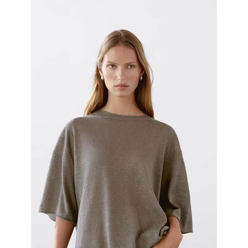 MD Women Clothes Casual Wind Relaxed Feeling Light and Loose Round Neck Sweater Short Sleeve T-shirt Knit 05610648567