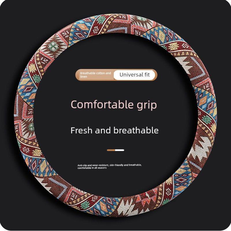 Ethnic Style Cotton and Linen Car Steering Wheel Cover, Universal for All Seasons, Non-Slip Handle Cover, Women's Cartoon Summer Fabric