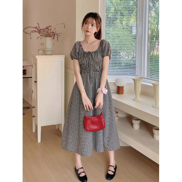 French black bubble sleeve plaid dress children's summer 2026 new small temperament slim dress