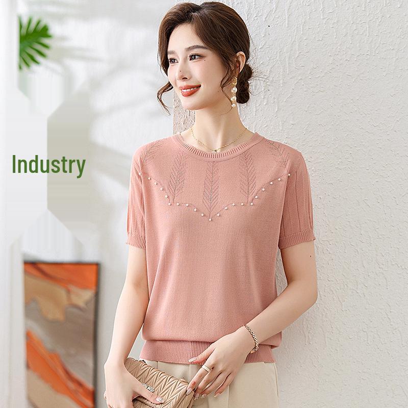 2026 Summer Ice Silk T-Shirt: Fashionable Loose Knit Short Sleeve for Middle-Aged Women