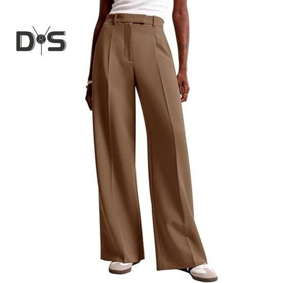 Summer Women Pants High Waist Slim Straight Legs Suit Pants with Pockets Solid Color Loose Fit Button Zipper Closure Office Pants