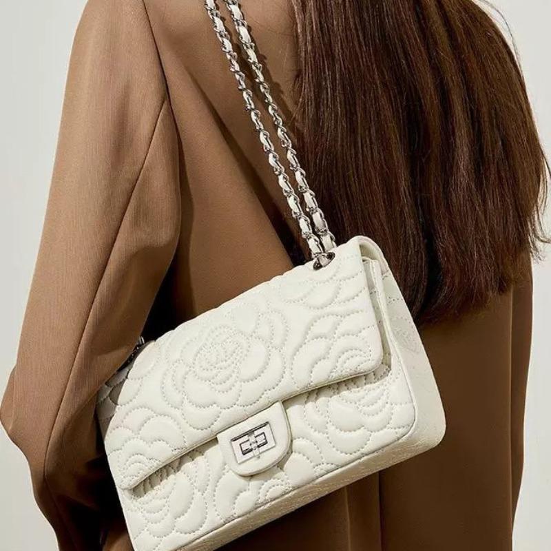 New leather small square bag camellia pattern first layer sheepskin texture chain crossbody women's bag