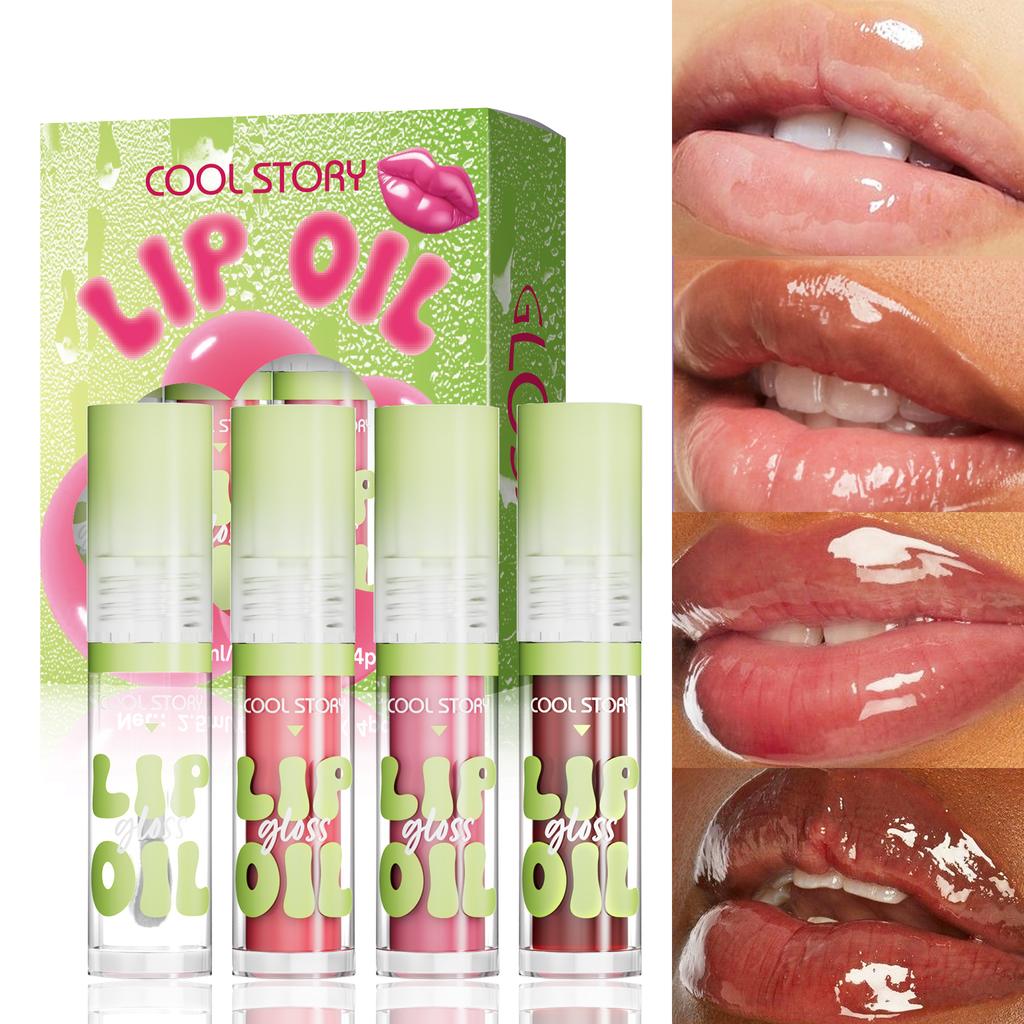 4-piece Set of Lip Glossy Lip Oil, Moisturizing and Brightening Lipstick, Autumn and Winter Tone Lipstick