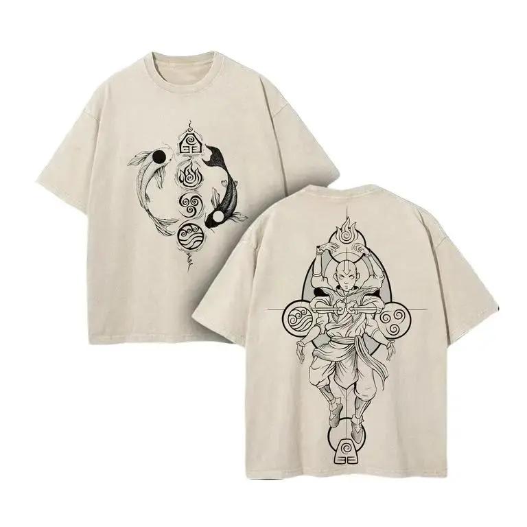 Hot Anime Avatar Aang Print T-shirt Men Women Tshirts Short Sleeve Cotton Clothing Retro Washed T Shirt Harajuku Casual Tops