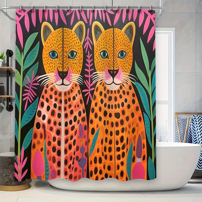 Modernes Boho Tierprint Duschvorhang-Set Für Badezimmerdekor Lebendiges Oranges Leopardenmuster Mit Grünpflanzen Perfektes Geschenk! (Set Incl