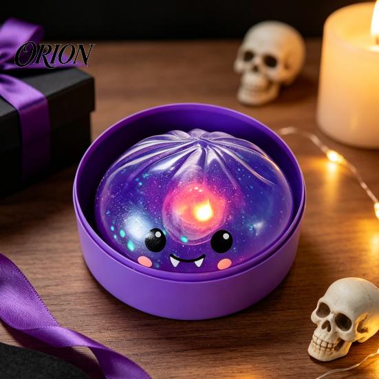 Sensory Fidget Toys Halloween Glitter Dumpling Squeeze Toy, Spooky Ghost Pumpkin with Steamer, Cute Stress Relief Slow Rising Bun Toy LED Light