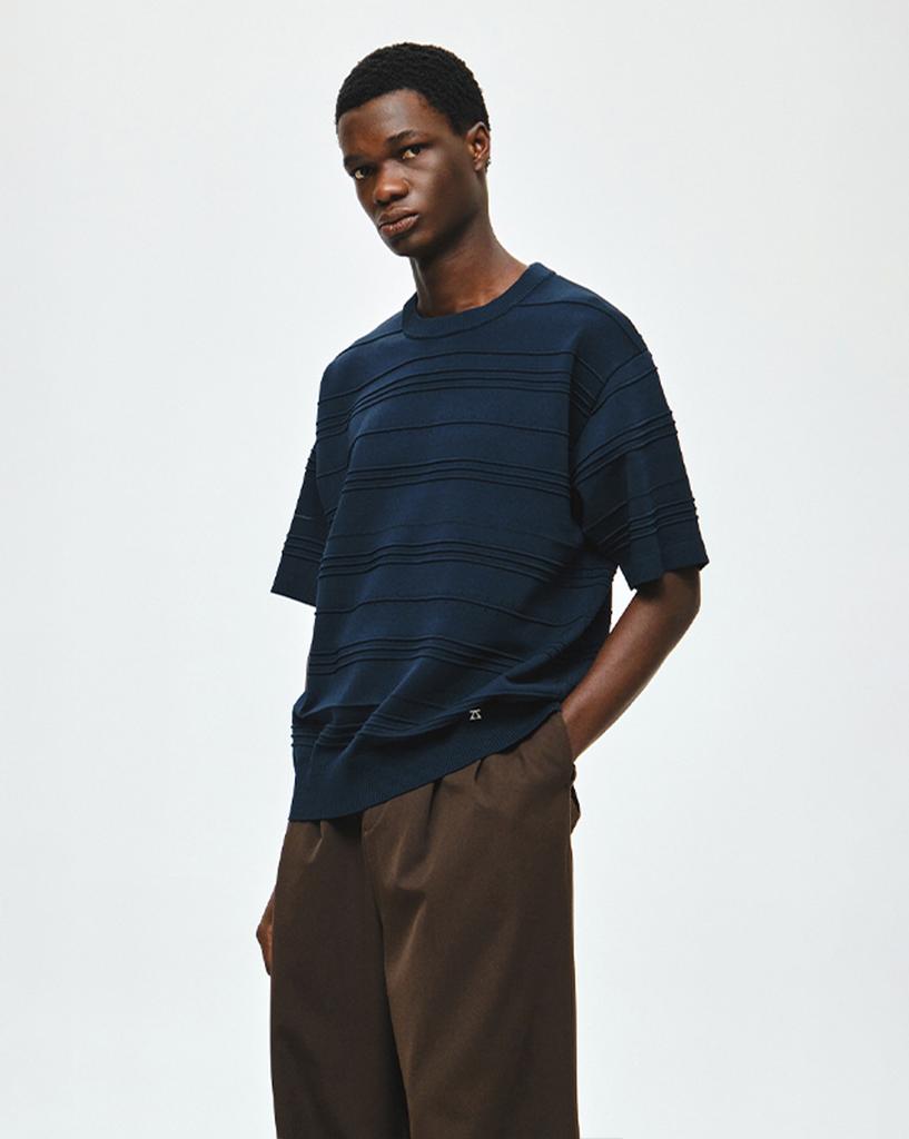 ZIOSONGZIO Multi-Texture Crew Neck Knit Navy Zi3Kt310Ny