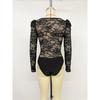 Female Lace Lace Spliced Square Collar Tight Black Bodysuit
