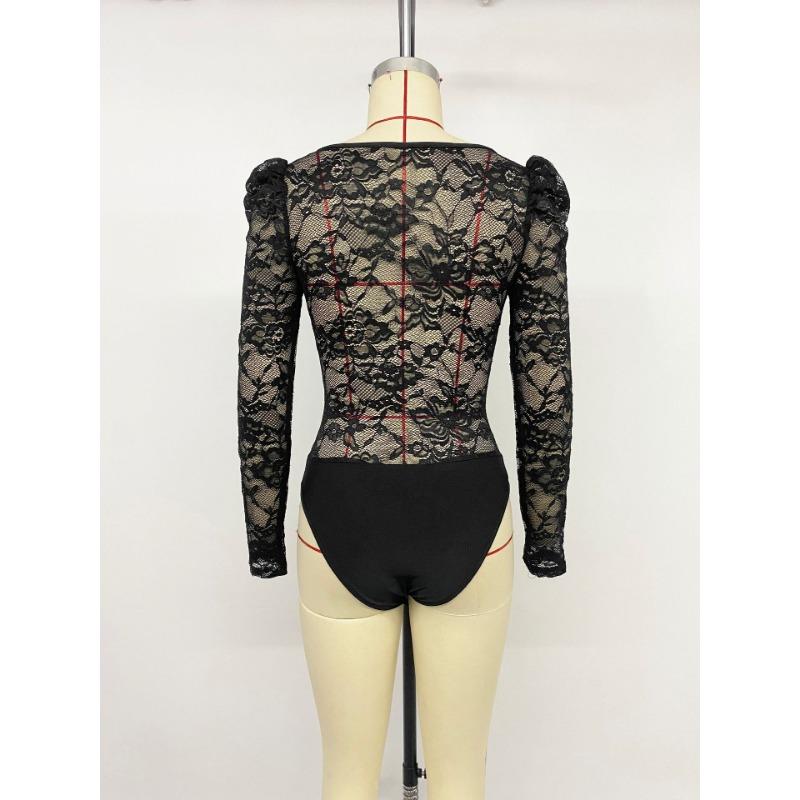 Female Lace Lace Spliced Square Collar Tight Black Bodysuit