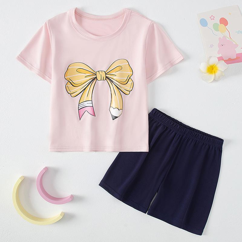 2 Piece Children's Casual Fashion Suit Girl Sweet And Lovely Bow Round Neck Shirt Comfortable And Versatile Elastic Waist Shorts