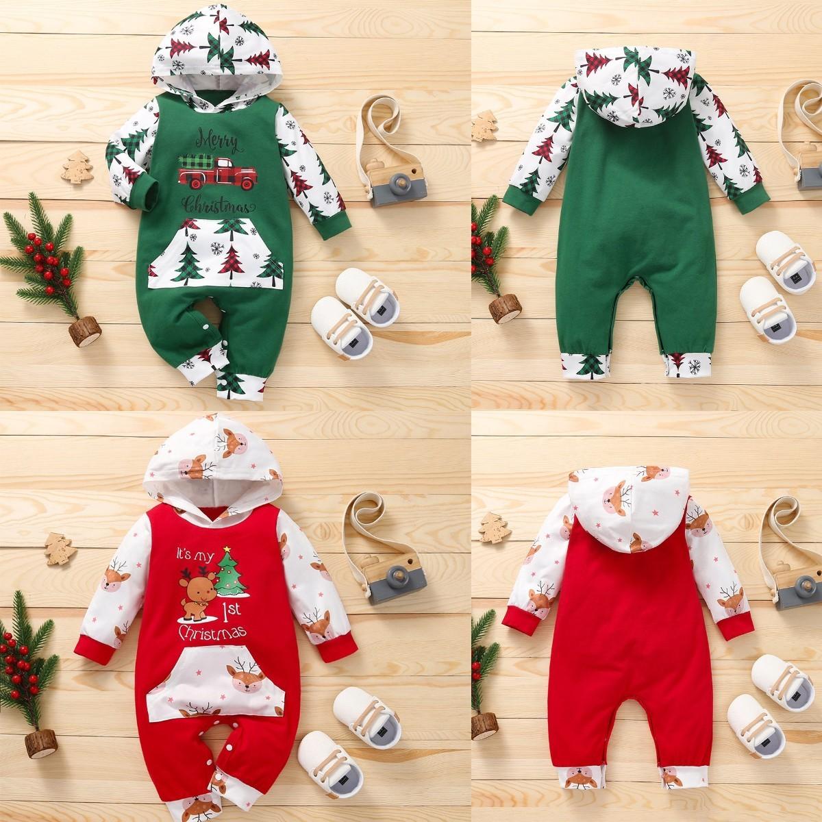 

Комбинезон с капюшоном и длинными рукавами с рождественским принтом для малышей, детский повседневный комбинезон с открытой промежностью, комбинезон