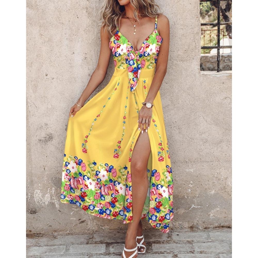 

IHUASU Summer Lace Up Sexy Halter Dress Covered In Flowers XL