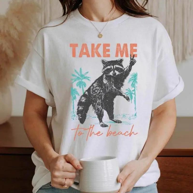 Take Me To The Beach Raccoon T Shirt Funny Summer Vibes Vacation Cute Animal Retro Aesthetic