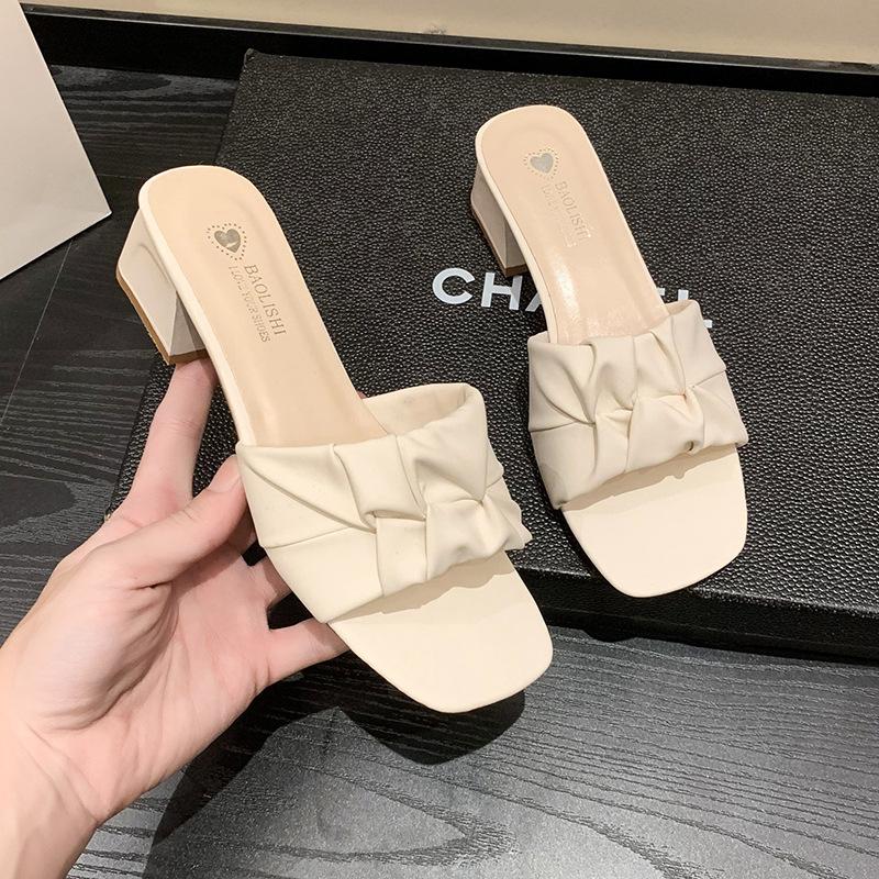 Slippers Women's Summer Outer Wear Medium Heel Sandals Women's 2025 New Fairy High Heels Summer Women's Thick Heel One-word Sandals