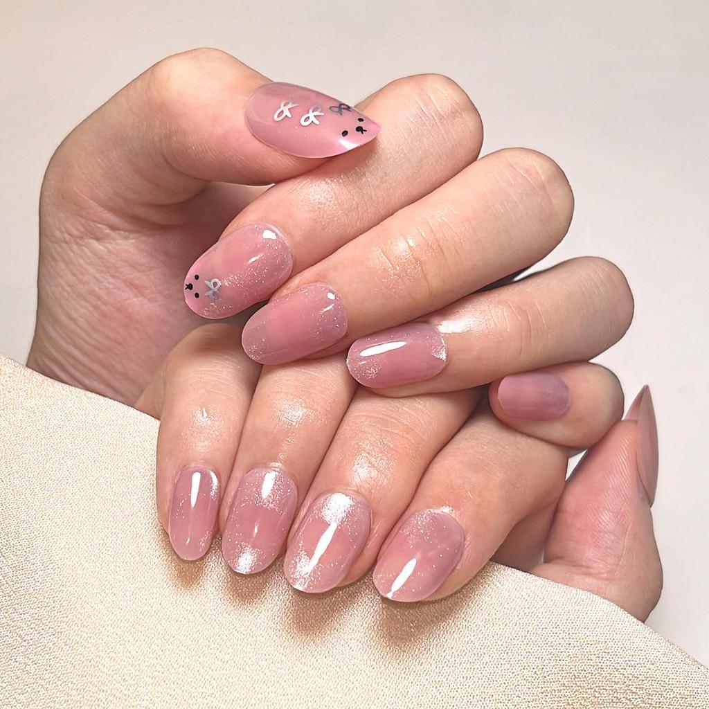 24-Piece Pink Cat Eye Press-On Nails with Bow Art