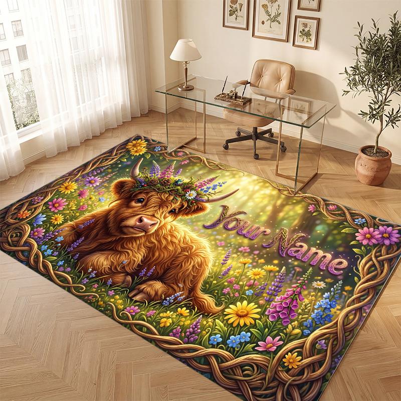 Highland Cow Theme Soft Crystal Velvet Rug Custom Name & Text Print Non Slip Floor Rug for Bedroom Living Room
