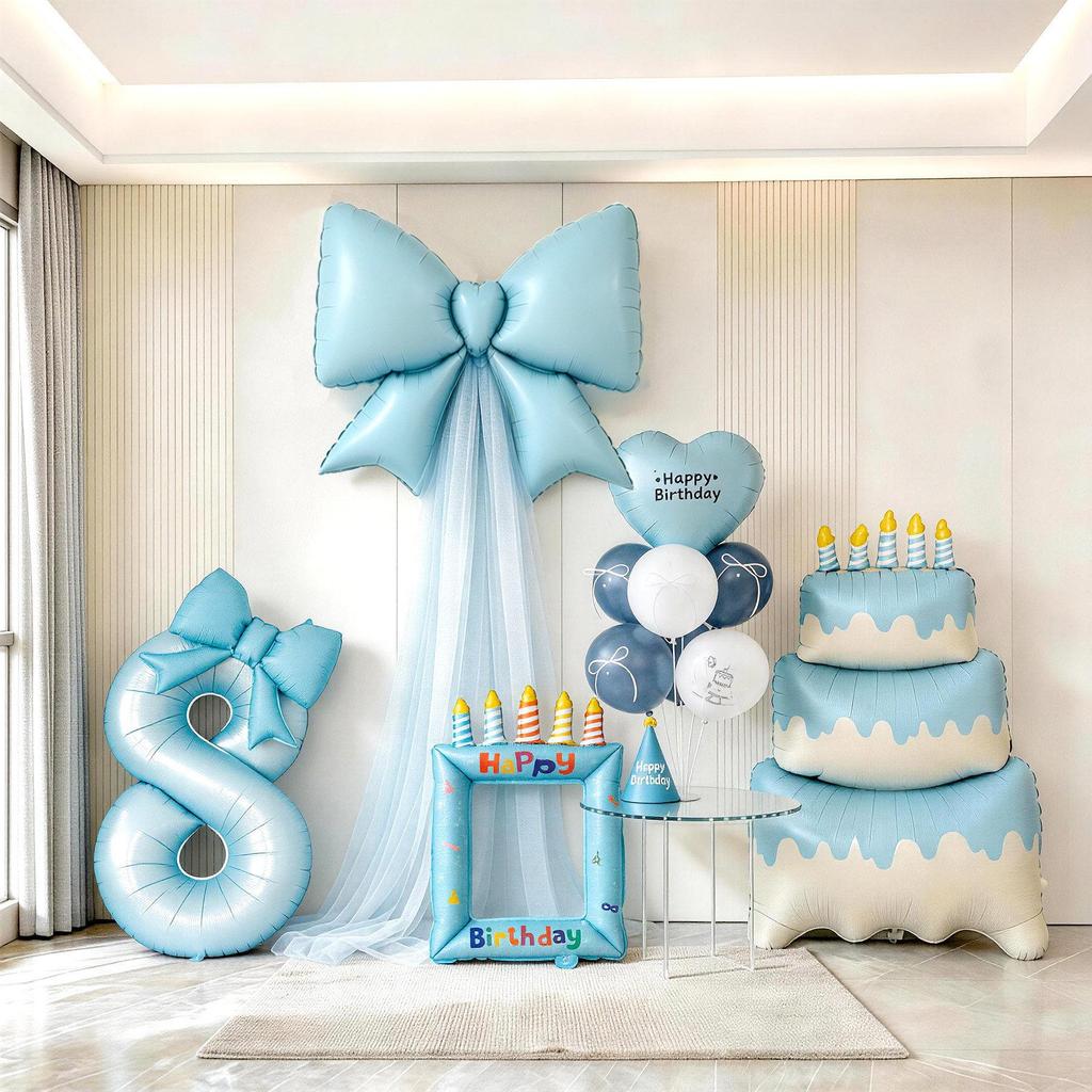 Blue First Birthday Party Decor Set with Bows, Cake Toppers, Number Balloons, and Photography Backdrop