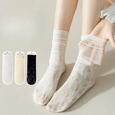 Spitzensocken, Frotteesocken, Schweißabsorbierend und Atmungsaktiv, Mesh, Schwarzer Wellensaum, Damen Mid-Calf Socken mit Besteck
