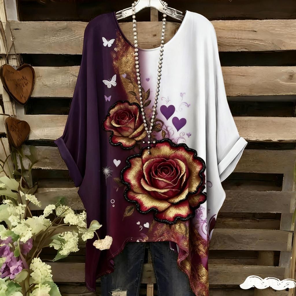 Damen Elegantes Bohemian Zweifarbiges T-Shirt - Herz & Blumendruck Mit Schmetterling Damenbekleidung Trend 2025 Grafik T-Shirts